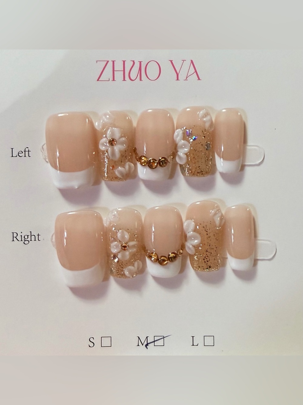 Nude & White Floral Press-On Nails with Gold Accents